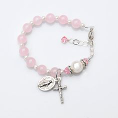 Baby Girl Pink Jade Rosary Bracelet - Baptism Gift - Personalized Custom Initial - Swarovski Crystal Pearls - Christening Gift for Baby Girl by RosariesOfLove on Etsy Adjustable Pink Charm Bracelet With 8mm Beads, Spiritual Pink Jewelry For Birthday, Adjustable Pink Rosary Bracelet With 8mm Beads, Pink Birthstone Bracelet For Gift, Pink Birthstone Bracelet As Gift, Pink Birthstone Jewelry For Birthdays, Pink Birthstone Jewelry For Birthday, Adjustable Pink Rosary Bracelet For Mother's Day, Personalized Pink Spiritual Bracelets