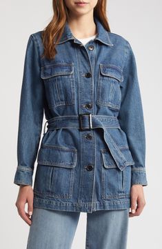 FRAME Safari Belted Denim Jacket | Nordstrom Safari Jacket Women, Lined Denim Jacket, Denim Belt, Safari Jacket, Classic Jacket, Straight Leg Denim, Spring 2023, Frame Denim, Dolce & Gabbana