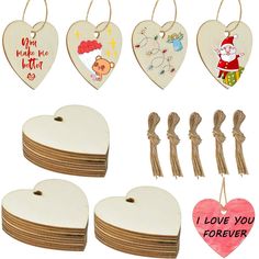 heart shaped wooden tags with sayings and hearts attached to each one, set of 10