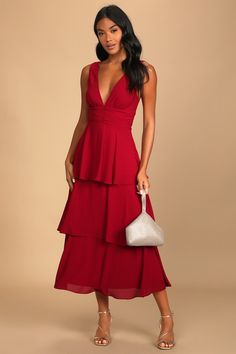 Celebration Time Red Sleeveless Tiered Midi Dress Red V Neck Dress, Formal Wedding Guest Dress, Best Wedding Guest Dresses, Tour Outfits, Long Red Dress, Chiffon Midi Dress, Midi Ruffle Dress, Tiered Midi Dress, Different Dresses