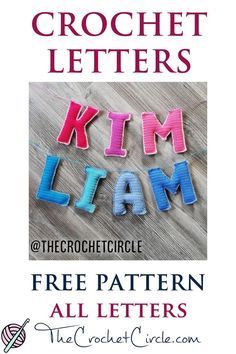 the crochet pattern for kim llam is shown in pink and blue letters