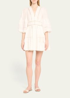 Designer Long Sleeve Mini Dress, Luxury V-neck Midi Dress For Summer, Luxury V-neck Spring Dress, Luxury White Midi Length Dresses, Designer Summer Midi Dress, Elegant Mini Puff Sleeve Dress For Daywear, Designer Midi Length Dresses, Elegant Mini Length Puff Sleeve Dress, Designer Midi-length Dresses