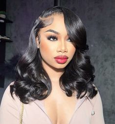 Side Part Bob Crimps, Shoulder Length Curls Black Women, Middle Part Bob Curls, Side Part Quick Weave Layers Curls, Side Part With Curls Natural Hair, Side Part Bob Curly, Side Part Flipped Ends, Side Part Body Wave Bob, Side Part Bob With Curls