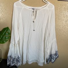 New Without Tags. Size Xl. Pretty Blouse. A Bit See Through Summer Long Sleeve Embroidered Top For Brunch, Casual Long Sleeve Embroidered Beach Top, Flowy Vacation Tops With Floral Embroidery, Summer Embroidered Blouse With Bell Sleeves, Casual Long Sleeve Embroidered Top For Beach, Summer Floral Embroidered Bell Sleeve Blouse, Casual Embroidered Flowy Blouse, Casual Flowy Embroidered Blouse, Summer Bell Sleeve Blouse With Floral Embroidery