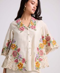 Make a statement in this ivory chanderi shirt, featuring captivating floral cutwork and delicate beadwork. This piece exudes elegance and charm, perfect for adding a touch of sophistication to any ensemble. Eid 2024, Floral Cutwork, Prints Inspiration, Floral Embroidered Shirt, Fashion Illustration Collage, Fancy Shirt, Stitching Ideas, Emb Designs, Cutwork Embroidery