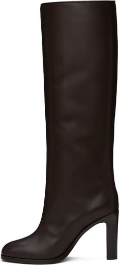 Knee-high buffed calfskin boots in brown. · Pinched seams throughout · Pointed toe · Buffed leather lining · Stacked wooden heel with rubber injection · Leather sole · Heel: H4 Supplier color: Dark brown Brown Leather Pointed Toe Wedge Boots, Fitted Brown Calf Leather Knee-high Boots, Brown Pointed Toe Platform Boots For Formal Occasions, Brown Calf Leather Knee-high Boots With Square Toe, Brown Square Toe Calf Leather Knee-high Boots, Brown Snip Toe Boots For Office, Brown Square Toe Knee-high Calf Leather Boots, Formal Brown Knee-high Boots With Reinforced Heel, Formal Brown Knee-high Boots With Almond Toe