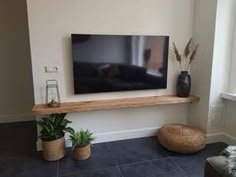 a flat screen tv mounted to the side of a wall next to potted plants