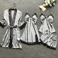 Season:Summer,Spring; Fabric:Satin; Sleeve Length:Short Pant,Long Sleeve; Gender:Women's; Quantity:4 Pieces; Nightwear Style:Sets,Pajamas; Style:Soft,Simple,Casual; Elasticity:Micro-elastic; Tops Type:Robe Top; Occasion:Home,Bed,Daily; Age Group:Adults; Function:Breathable; Pattern:Pure Color; Design:Elastic Waist; Neckline:V Wire; Bottom Type:Shorts; Listing Date:04/04/2023; Length:; Length [Bottom]:; Length [Top]:; Waist:; Bust: Pijamas Women, Pyjama Satin, Silk Nightwear, Belted Robe, Satin Sleepwear, Summer Pajamas, Cami Set, Satin Pyjama Set, Sleepwear Sets