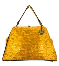 Patricia Nash Bonifati Croco Embossed Leather Frame Bag-Goldenrod-NWT-Orig. Price $179.75                                   HAS ORIGINAL TAG & DUST BAG Color Choices: Goldenrod Croco Size/Profile: Medium-sized, structured doctor's satchel Walls: Genuine leather Handle: Leather top carrying handle Strap: Detachable chain-link shoulder strap Construction: Heavy stitching; flat bottom with metal feet Hardware:antiqued metal Closure: Frame top with snap-lock clasp; hinged sides Interior: Faux suede Leather Frame, Snap Lock, Leather Frames, Frame Bag, Antique Metal, Leather Top, Leather Handle, Embossed Leather, Emboss