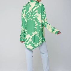 *Never Worn* !!! Really Cool Print, Even Cuter In Person. Relaxed Button-Down, Satin-Y Type Of Fabric. Great For Weekends And As A Beach Coverup! Here's A Link To The Garment From The Designer: Https://Shop-Resa.Com/Collections/Resa-X-Jojo/Products/Monica-Blouse-In-Baylor Oversized Button-Down Blouse Fabric: 100% Polyester Machine Wash Cold On Delicate Cycle, Air Dry Made In Los Angeles Green Long Sleeve Blouse With Floral Print, Green Printed Blouse For Day Out, Printed Green Blouse For Day Out, Green Printed Blouse For Daywear, Chic Green Printed Shirt, Green Collared Blouse For Spring, Green Long Sleeve Blouse For Daywear, Green Long Sleeve Blouse With Button Closure, Green Printed Long Sleeve Blouse