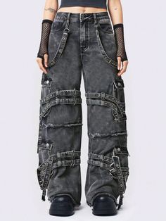 Casual Street Punk Style Metal Ribbon Decor Women Wide Leg Jeans Black Casual   Woven Fabric Plain Wide Leg Non-Stretch  Women Clothing, size features are:Bust: ,Length: ,Sleeve Length: Alternative Fashion Punk, Scene Pants, Grunge Pants, Punk Clothes, Punk Jeans, Moda Grunge, Grunge Jeans, Mode Punk, Street Punk