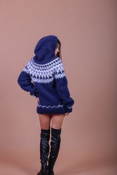 Blue Hooded Winter Cardigan, Winter Hoodie Sweater For Cold Weather, Winter Knit Hoodie Sweater, Warm Hooded Winter Sweater, Cozy Blue Hoodie Outerwear, Winter Knitted Long Sleeve Hoodie, Knitted Long Sleeve Winter Hoodie, Cozy Knitted Hoodie For Winter, Cozy Knitted Winter Hoodie