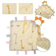 a baby blanket with giraffes on it and two bibs hanging from the side