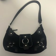 Never Used Velvet Ish Outside With Buckle And Zipper And Silver Rings And Detailing Formal Black Shoulder Bag With Hardware, Bags Black, Small Shoulder Bag, Black Silver, H&m, Silver Rings, Bag Lady, Buckle, Velvet