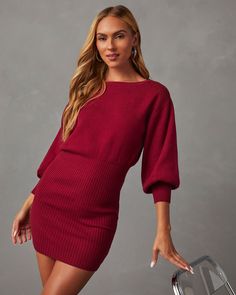 Fitted and cute, the Gellar Ribbed Mini Sweater Dress has a laid-back yet put-together vibe you love for fall. It features a fine knit top and ribbed bottom skirt and is complete with a crew neckline and lantern sleeves. Style it with your favorite knee-high boots. Bodycon fit Crew neckline No closures or lining 50% Rayon 28% Polyester 22% Nylon Ribbed Knit Cropped Sweater, Fall Stretch Knitted Mini Dress, Fall Knitted Stretch Mini Dress, Ribbed Knit Mini Sweater Dress, Fall Ribbed Knit Sweater Dress, Fall Bodycon Knit Mini Dress, Knit Bodycon Sweater Dress For Fall, Fall Day Out Ribbed Dresses, Ribbed Crew Neck Fall Dresses