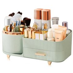 Our vanity makeup organizer is crafted with high-grade molding, paying meticulous attention to every detail to provide the most intuitive and convenient makeup storage. Its clean and elegant lines, along with a sleek and modern design, enhance any vanity or countertop. The sturdy construction ensures long-lasting use, and the addition of four reinforced supporting feet at the bottom ensures stability and prevents slipping. The 360° rotating cosmetic organizer provides easy access to items from all directions. It includes 5 small compartments for makeup brushes, eyeliners, mascara, trinkets, and more. On the right side, there are 4 compartments for storing perfume, eye cream, foundation, lotion, lipstick, lip balm, face cream, and other items. Additionally, a large drawer is included for yo Vanity Makeup Organizer, Vanity With Drawers, Rotating Makeup Organizer, Skincare Brush, Pet Organization, Makeup Organization Vanity, Cosmetic Display, Office Supply Organization, Display Cases