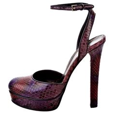 Gucci Worn Twice Markings to Soles Only From Gucci's 90th anniversary Fall Runway show, Frida Giannini cited her influence was Anjelica Huston $2425 * Python Heels * Rare Ad Runway Heels * Size: 36.5 * Purple & Orange Snakeskin Python Throughout * Adjustable Ankle Strap Heels: 5.5" Platforms: 1" * With Gucci Box Runway Heels, Black Sock Boots, Burberry Boots, Century Shoes, Chic High Heels, Ballerina Heels, Anjelica Huston, Gucci Pumps, Fall Runway