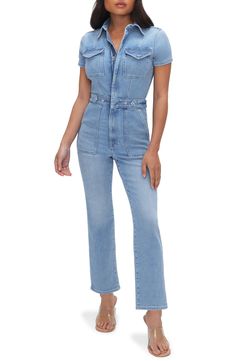 Feel powerful in this stretch-denim jumpsuit with snaps at the waist for a defined look and lots of handy pockets to keep you feeling organized. Front half-zip closure Spread collar Short sleeves Chest flap-patch pockets; front patch pockets; back patch pockets Snap side tabs 72% cotton, 25% recycled cotton, 2% elasterell-p, 1% elastane Machine wash, tumble dry Imported Black Owned/Founded Feel Powerful, Perfume Gift Sets, Beauty Services, Fragrance Design, Fabric Gift Bags, Denim Jumpsuit, Nordstrom Store, Good American, Fabric Gifts