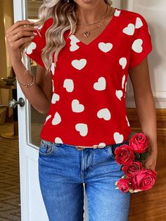 Heart-Shaped Flower Bud Sleeve T-Shirt Red Casual  Short Sleeve Fabric Geometric,Heart,All Over Print,Random Print  Medium Stretch Summer Women Clothing, size features are:Bust: ,Length: ,Sleeve Length: Casual V-neck Top With All Over Print, Spring Heart Print V-neck Top, Summer Tops With Heart Graphic, Casual Heart Print T-shirt For Spring, Casual V-neck Top With Heart Print, Cute Red V-neck Top, Cotton V-neck Top With All Over Print, Cute V-neck Top With Graphic Print, Spring Patterned T-shirt With All Over Print