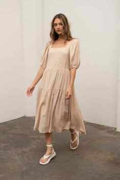 Beige Midi Dress, Moon River, Puffy Sleeves, Square Necklines, Tiered Dress, Dresses Xs, Cut Out, White Dress, Shirt Dress