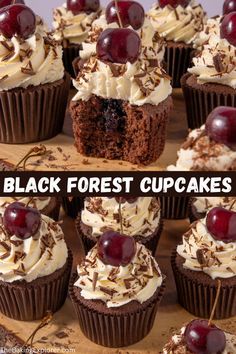 cupcakes with chocolate frosting and cherries on top are shown in two different pictures