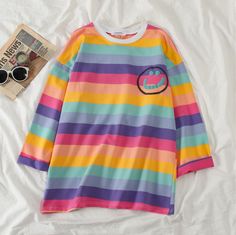 Kawaii Tops, Korean Kawaii, Mha Dr, Autumn Tops, Rainbow Vintage, Patchwork Top, Rainbow Shirt, Tops Casual, Tyler The Creator