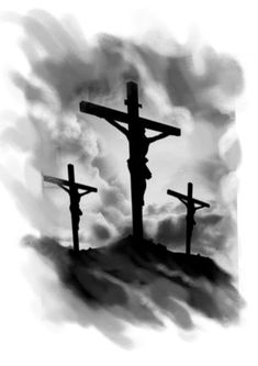 three crosses on top of a hill with clouds in the background