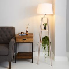 a living room with a chair and lamp next to a table that has a potted plant on it