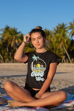 Good vibes T-shirt, Beach shirt, Beachy Vibes Tee, Summer shirt, Palm Tree Shirt, Vacation Shirt, Boho Tee, Vintage Summer Shirt ➤ HOW TO ORDER: 1. Please, Check all the Photos. 2. Select Your T-Shirt Size/Color and Font Color from drop-down menus. 3. Choose Your Quantity as much as you want. 4. Click "Add To Cart". For multiple items go back to the listing and repeat the steps. ➤ Product Features: 🌿 Premium Fabric: Made with 100% ring-spun US cotton, this medium-weight fabric (6.1 oz/yd²) offe Palm Tree Shirt, Boho Tees, Beachy Vibes, Hippie Shirt, Retro Graphic Tees, Nature Shirts, Adventure Shirt, Hiking Shirts, Tree Shirt