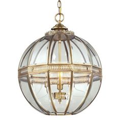 a large glass ball light fixture with gold trimmings and an ornate design on the top