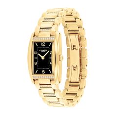 A distinctive and stately design, the minimalist ladies' Reese watch is an elevated choice for day or evening wear. Black satin dial with gold-toned numerical and stick markers 24.0mm rectangular gold-toned ion-plated stainless steel case with mineral crystal Japanese quartz movement Crystal-detailed gold-toned stainless steel link bracelet; deployment clasp Water-resistant to 30 meters We are an authorized Coach dealer Classic Gold Diamond Watch For Evening, Elegant Watches With Polished Finish And Rectangular Dial, Luxury Yellow Gold Watches For Work, Timeless Yellow Gold Watches For Work, Classic Watches With Gold-tone Hardware And Rectangular Dial, Elegant Diamond Watch With Polished Rectangular Dial, Elegant Gold Watches With Subdials, Evening Analog Watch With Rectangular Dial, Elegant Rectangular Analog Jewelry And Watches