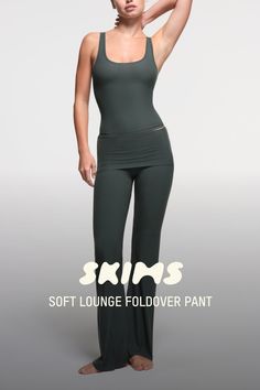 This soft, smooth, and stretchy ribbed pant features a throwback-inspired flare with a foldover waistband. | SKIMS Foldover Pants | Green | Large | Soft Lounge Foldover Pants Outfit, Foldover Pants, Fold Over Pants, Skims Outfit, Wishlist 2024, Visual Language, Pants Green, Christmas Wishlist, Deep Sea