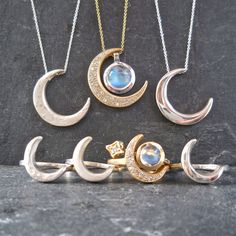 "This unique crescent moon phase pendant is available in silver or 14 k gold. So beautiful polished but equally stunning hand-finished matte, hammered or have it encrusted with diamonds. A focal piece that can be stacked with smaller pendants. It's a slide providing space for a pendant to fit into the opening. We've paired it with our bezel set moonstone. crescent moon 24 millimeters long x 19 mm wide or/ almost 1\" long x 3/4\" wide 14k solid gold or sterling silver pave Diamond encrusted Cresc Elegant Diamond Moon Phase Jewelry, Celestial Half Moon Jewelry For Anniversary, Fine Jewelry With Moon Charm For Wedding, Elegant Half Moon Charm Jewelry, Elegant Moon-shaped Diamond Jewelry, Luxury Silver Crescent Jewelry, Elegant Crescent Moon Phase Jewelry, Elegant Moon Shaped Diamond Jewelry, Sterling Silver Moon-shaped Jewelry For Anniversary