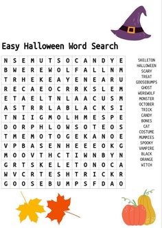 an easy halloween word search with pumpkins, leaves and other things to do on it