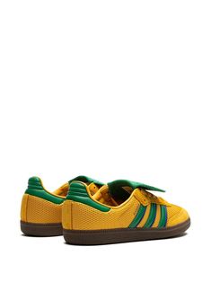 yellow/green mesh design suede panelling signature 3-Stripes logo oversize tongue front lace-up fastening round toe flat rubber sole These styles are supplied by a premium and authenticated sneaker marketplace. Stocking only the most sought-after footwear, they source and curate some of the most hard to find sneakers from around the world. This item is in size 8½ and the color is Yellow Sneakers, Balenciaga Track, Balenciaga Triple S, Eyewear Brand, Adidas Samba Sneakers, Summer Beach Wear, Gucci Wallet, Mesh Design, Adidas Samba