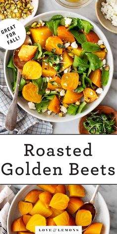 roasted golden beets in a white bowl with text overlay that reads roasted golden beets