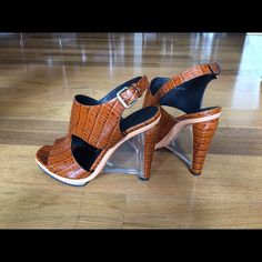 New Gorgeous Croc Embossed Leather Sandals Size 39.5 13 Mm/0.75 Inch Island Platform 4.5 Inch Plexiglass Wedge Slingback Strap With Buckle Closure Peep Toe Made In Italy Emboss, Embossed Leather, Leather Sandals, Shoes Women Heels, Shoes Heels, Wedges, Buckle, Sandals, Women Shoes