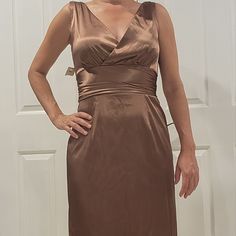 New, Cocktail Midi Satin Dress Elegant Brown Mini Dress For Formal Occasions, Elegant Brown Dinner Dress, Elegant Brown Dress For Dinner, Elegant Brown Mini Dress, Formal Brown V-neck Mini Dress, Formal Brown Dress With Fitted Bodice, Brown V-neck Mini Dress For Formal Occasions, Classic Brown Formal Dress, Elegant Brown Sheath Mini Dress