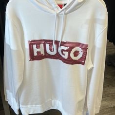 100% Authentic Hugo By Hugo Boss Hoodie / Hoody - Nwt New With Tag Never Worn Pet And Smoke Free Ships Next Day 5 Star Seller No Trade Made In Peru 50509010 Casual White Outerwear With Logo Print, White Hooded Top With Logo Print, White Crewneck, Hugo Boss Man, Mens Plaid, Wool Blend Sweater, Black Logo, Full Zip Hoodie, Mens Polo Shirts