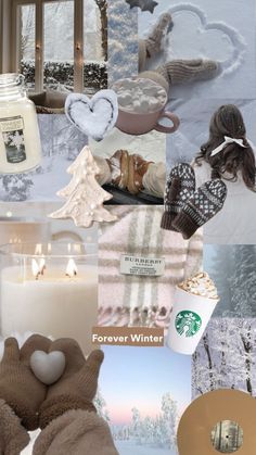 the collage is filled with many different things to see in this photo, including candles, coffee mugs and teddy bears