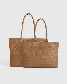 Meet our Italian Leather Small Handwoven Tote, the little sister to the Italian Leather Handwoven Tote. Handcrafted from luxe top-grain Italian leather, she's bringing the same timeless look in a more compact silhouette. Find a spot for all your essentials in the roomy interior or zip and slip pockets.  | Quince | Women's Italian Leather Small Handwoven Tote in Cognac Classic Brown Shoulder Bag With Woven Leather, Classic Brown Woven Leather Bags, Sell Gold, Leather Mini, Black Charcoal, Little Sisters, Quince, Italian Leather, Blue Stripes