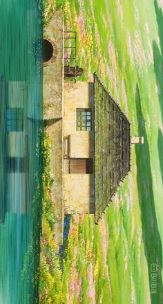 a painting of a house in the middle of a field