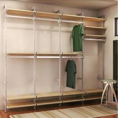 a room with some shelves and clothes on them