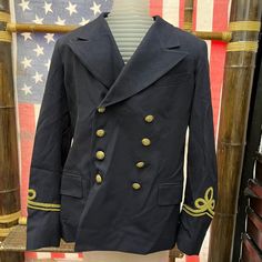 Brand New Item With Hand Tags Fitted Navy Pea Coat With Pockets, Navy Uniform Outerwear With Buttons, Navy Uniform Style Outerwear With Buttons, Navy Long Sleeve Suits With Buttons, Navy Fitted Long Sleeve Peacoat, Navy Formal Uniform Outerwear, Fitted Navy Pea Coat With Long Sleeves, Navy Long Sleeve Suits For Fall, Fitted Military Pea Coat