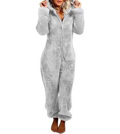 PRICES MAY VARY. Fleece Do Not Bleach This women's warm One-Piece Pajamas are made of fluffy fleece,which is very soft inside and out and come with in fun designs, solid color, two ears,long sleeve and elastic ankle cuffs;Womens fuzzy fleece pjs set,provide you warm and trendy chic looking in cold weather Women's onesies fleece pajamas with zip up hoodies, which is not only cute and warm ,but also easy to put on and take off; casual loose fit long pants jumpsuit sleepwear playsuit allow you the Jumpsuit Damen Elegant, Pyjamas Onesie, Pijamas Women, Satin Pyjama, Womens Onesie, Warm Pajamas, Long Pant Jumpsuit, Teddy Fleece, Winter Pajamas