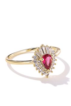 Tap into your sexy, royal-worthy energy with our Baywatch ring. This yellow gold ring features a romantic magenta stone encaged in white stones and baguettes. Its eye-catching appearance is not for the faint of heart, making it perfect for those who want to secure their “all eyes on me” fate wherever they go. Ring Details Design: Hot pink crystal with white side crystals Dimensions: 14mm height Metal: 3x dipped 14k gold over hypoallergenic brass. High quality plating details below Crystals: Excl Gold Ruby Ring With Vs Clarity, Gold Ruby Gemstone Ring For Parties, Elegant Ruby Crystal Ring, Plating Techniques, Eyes On Me, White Stones, All Eyes On Me, Moonstone Crystal, Baywatch