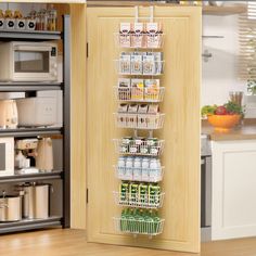 a kitchen cabinet filled with lots of food