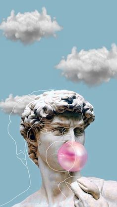 a man blowing on a bubble with clouds in the sky behind him and an image of a