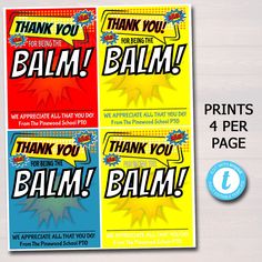 three thank you cards with the words, thank you for being in the balm and we appreciate all that you do