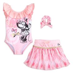 NWT Disney Store Minnie Mouse Swimsuit Skirt Scrunchie Girls 3 pc UPF 50+ U pick. Disney store exclusive. Smoke free and pet free home. Includes one-piece swimsuit, skirt and hair scrunchie Minnie Mouse screen art with gold ink accents Ruffles at neckline, shoulder straps and back opening Deep scoop back with bow cross-strap Elastic waistband skirt with drawstring tie Pink patterned, elastic hair scrunchie with Minnie Mouse screen art and bow Minnie face screen art near skirt waistband Fully lin Minnie Mouse Swimsuit, Elastic Waistband Skirt, Swimsuit Skirt, Mickey Safari, Minnie Mouse Pink, Allover Pattern, Swimsuit Design, Pink Swimsuit, High Waist Bottoms